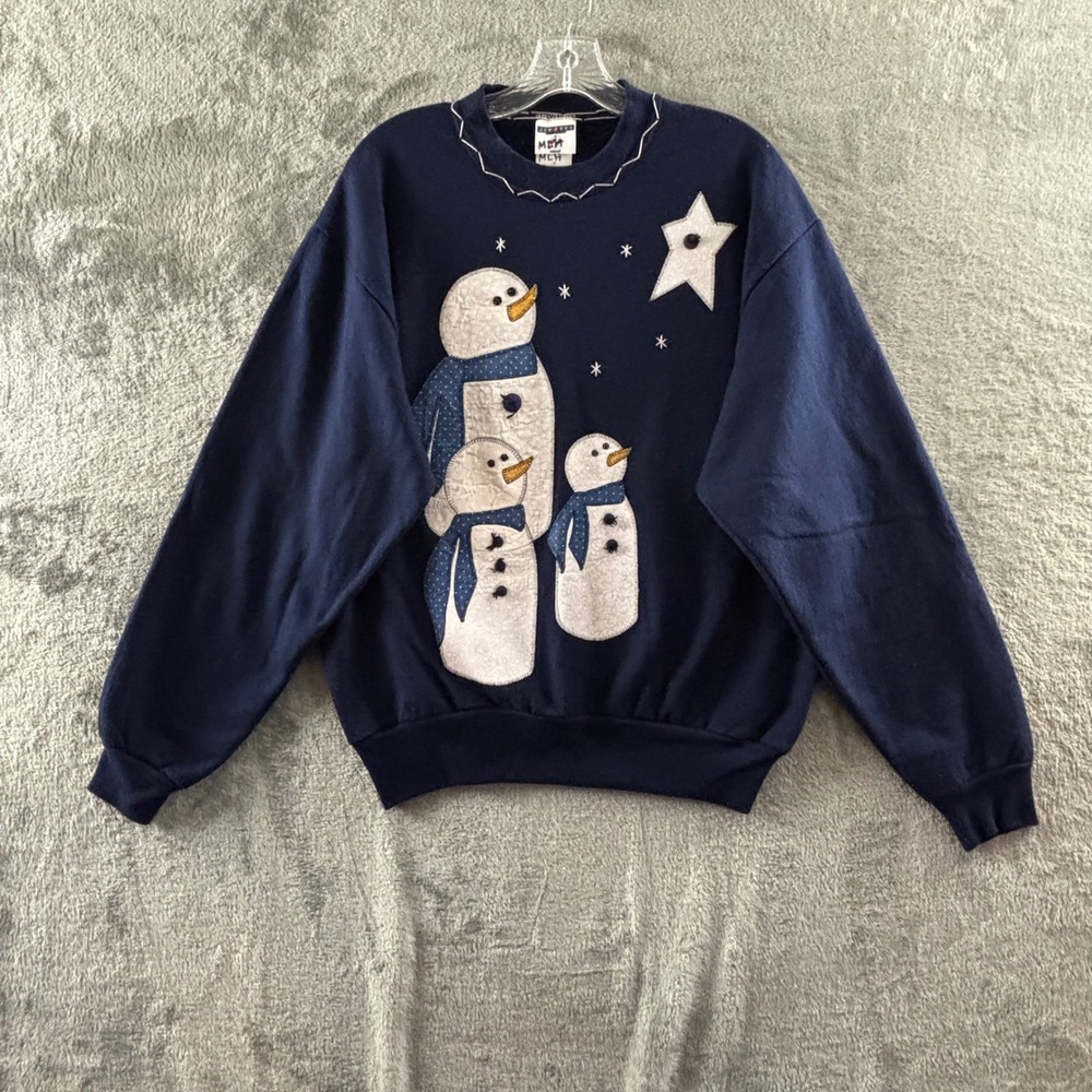 Vintage Snowman‎ Christmas Sweatshirt Womens M Navy Blue Embellished Jerzees